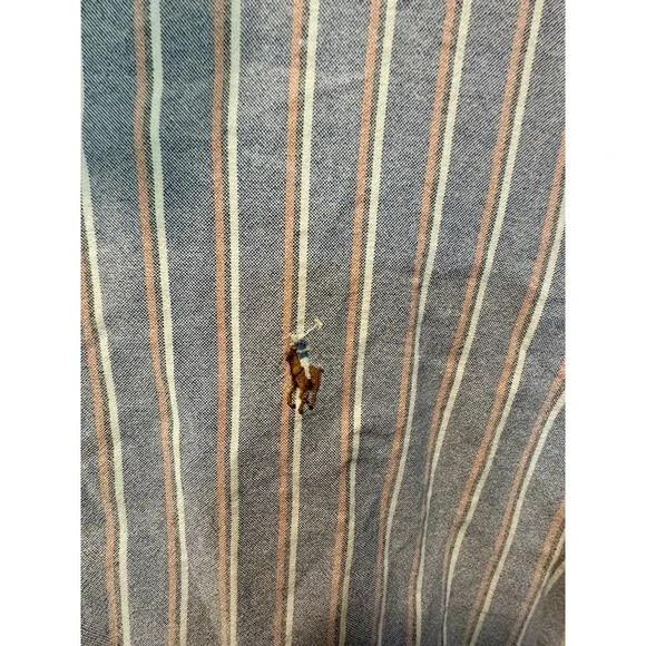 Ralph Lauren Polo Shirt Mens Large Blue Striped Classic Fit Button Up Brown Pony - Picture 3 of 4